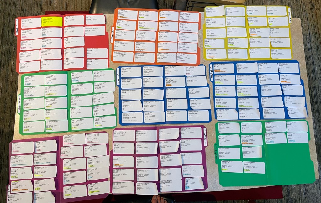 “Heat Map” charts for the 2023 AlbanyTri. Used for assigning participants into swim heats (≤20 per heat) satisfying friends & family request & early/middle/late preferences. Best to use removable Avery labels so they can be moved around. 